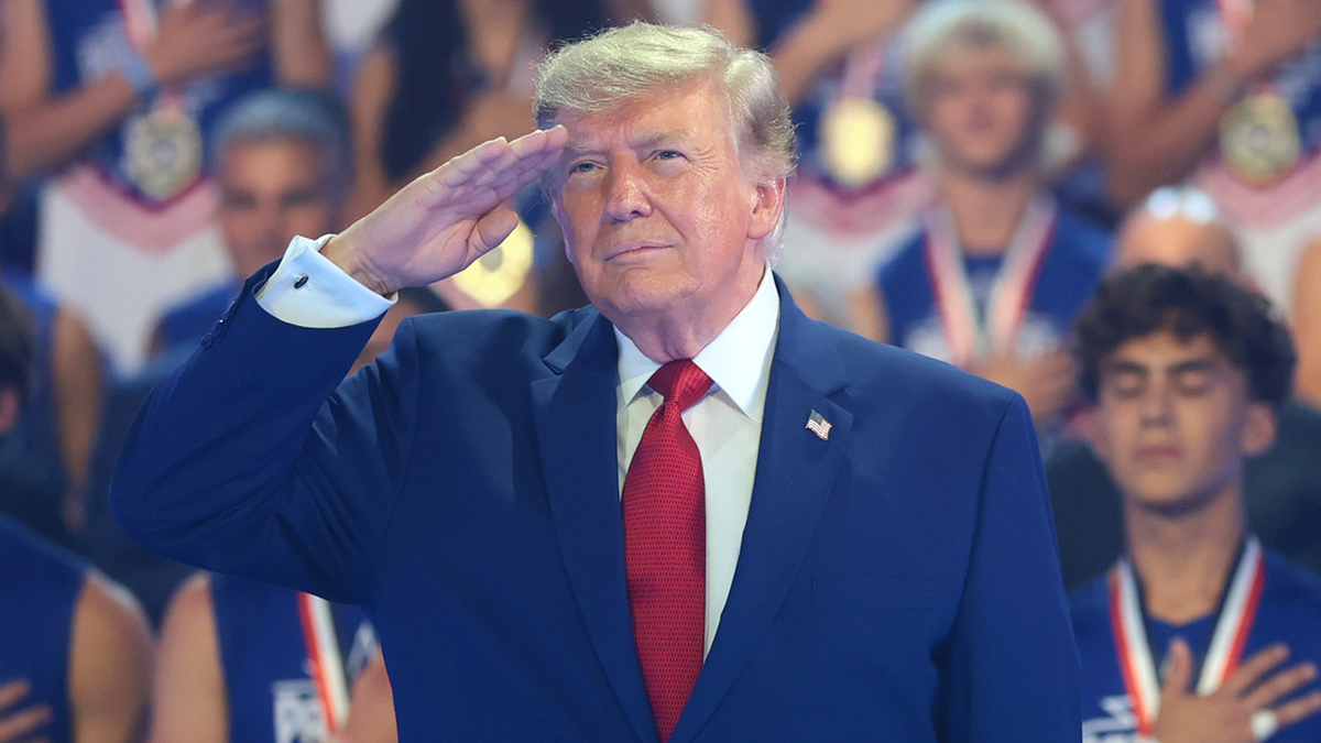 President Donald Trump salutes at the 2026 Patriot Games