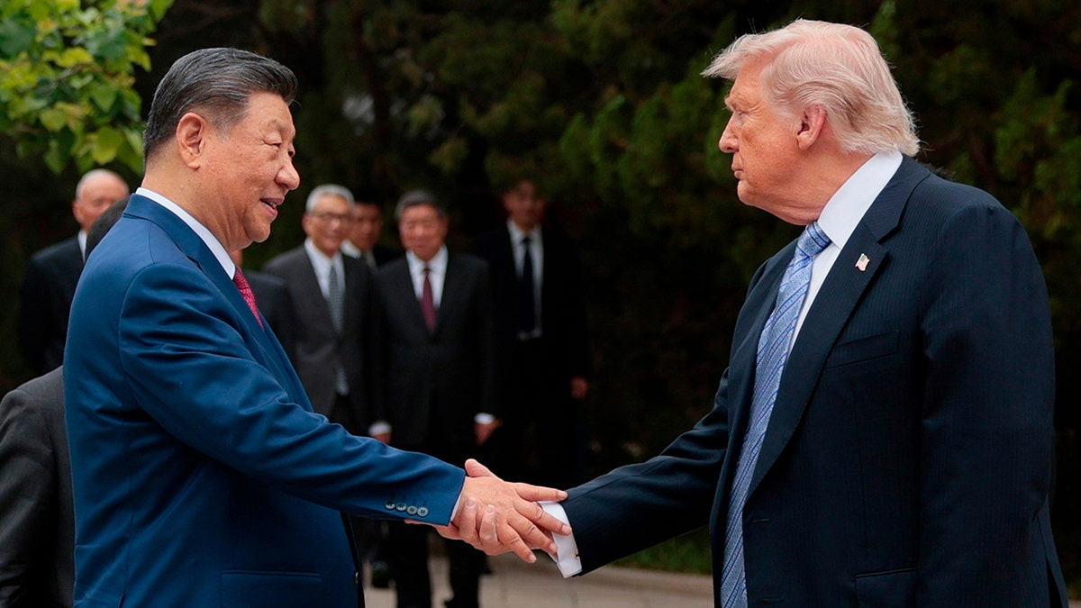 President Donald Trump and shakes hands with Xi Jinping