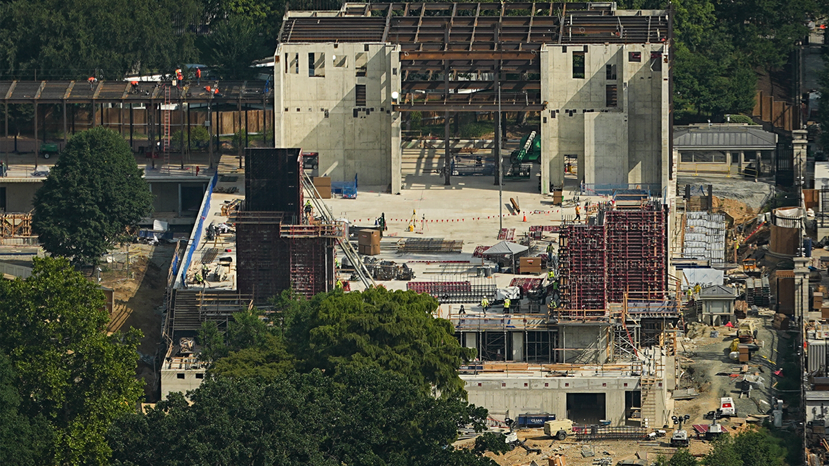 A view of ongoing construction of the East Wing ballroom at the White House, as seen from the Washington Monument observation deck in Washington, DC on August 28, 2026.