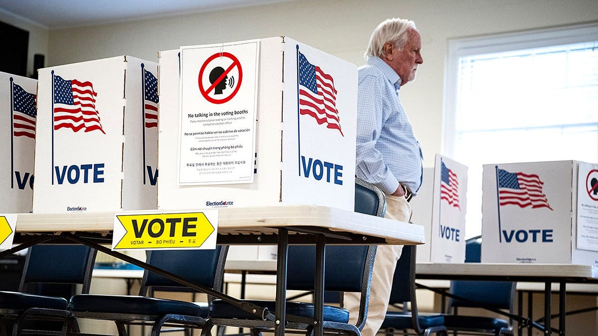 Virginia election official stands among voting booths