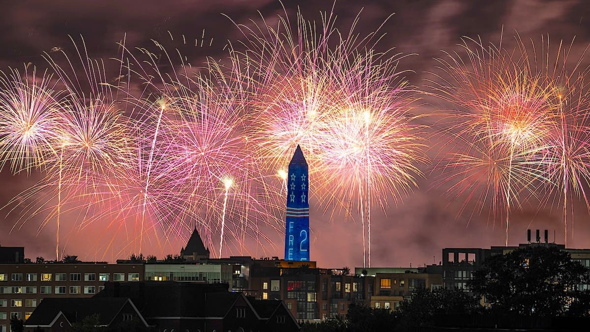fireworks explode over the Washington Monument on July 5, 2026