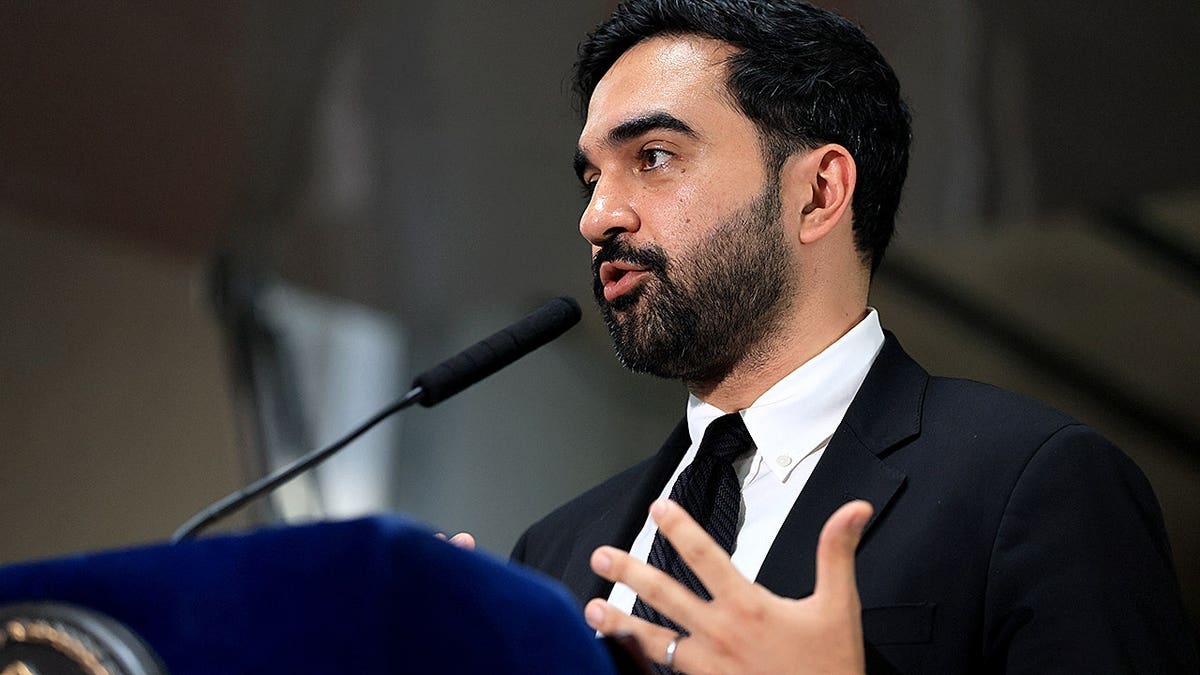 Zohran Mamdani speaks at a food distribution center in Brooklyn.
