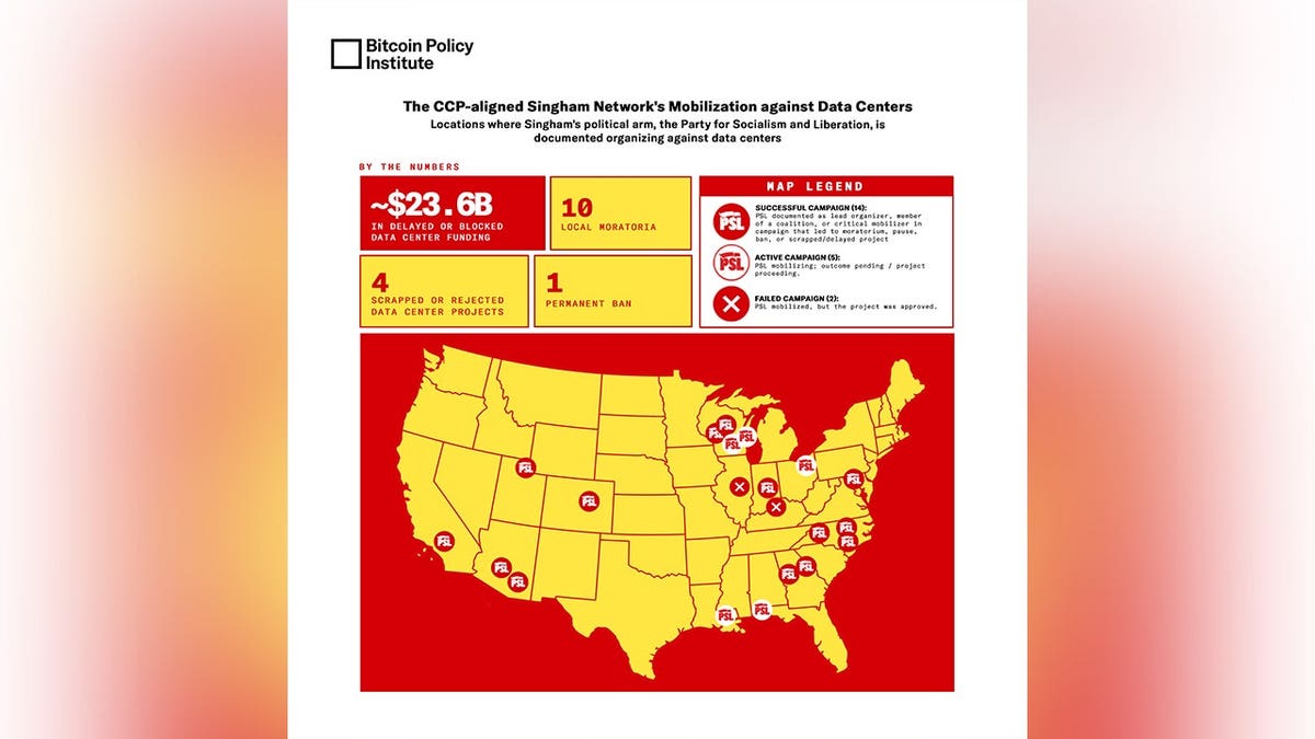 Bitcoint Policy Institute map of protests by Party for Socialism and Liberation against data center projects