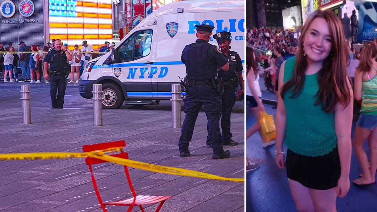 A split of Erin Piacenti and the Times Square crime scene where she was tragically stabbed and killed on Aug. 31, 2026.