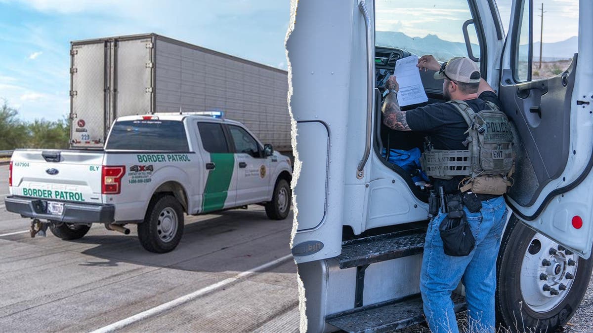 A Customs and Border Protection vehicle pulls over a commercial tractor trailer, left, pictured alongside an officer speaking to a driver, right.