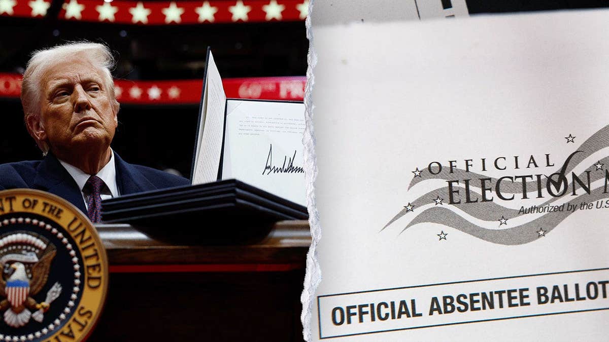 Split image of Donald Trump signing an executive order and an official absentee ballot