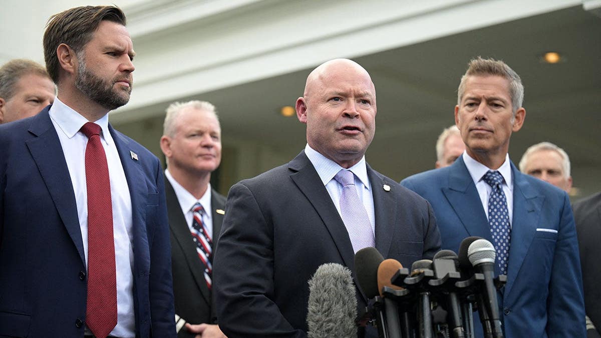 Sean O'Brien, general president of the International Brotherhood of Teamsters, speaks at a White House press conference with Vice President JD Vance and Transportation Secretary Sean Duffy.