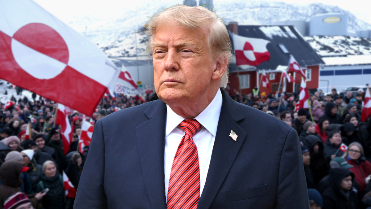 President Donald Trump overlaid on image of protesters in Greenland.