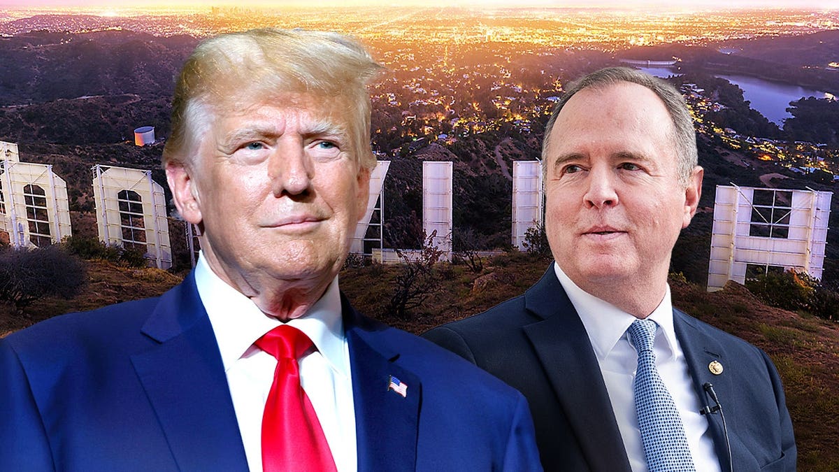 President Donald Trump and Sen. Adam Schiff in front of the Hollywood sign