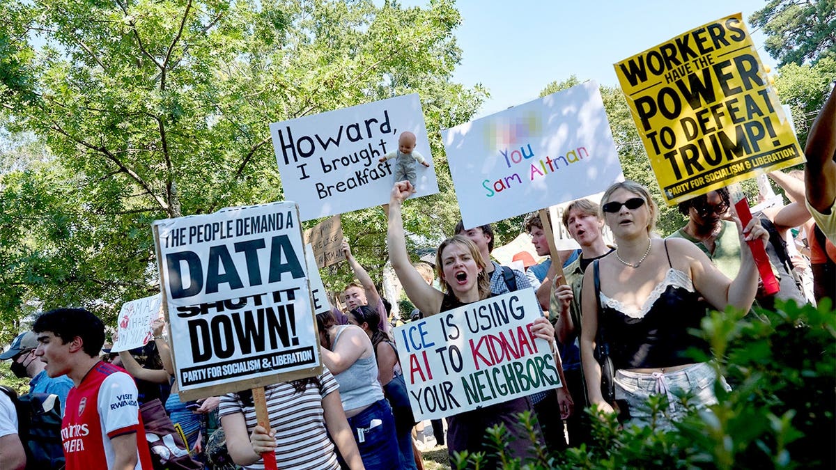 Demonstrators protest against AI and data centers.
