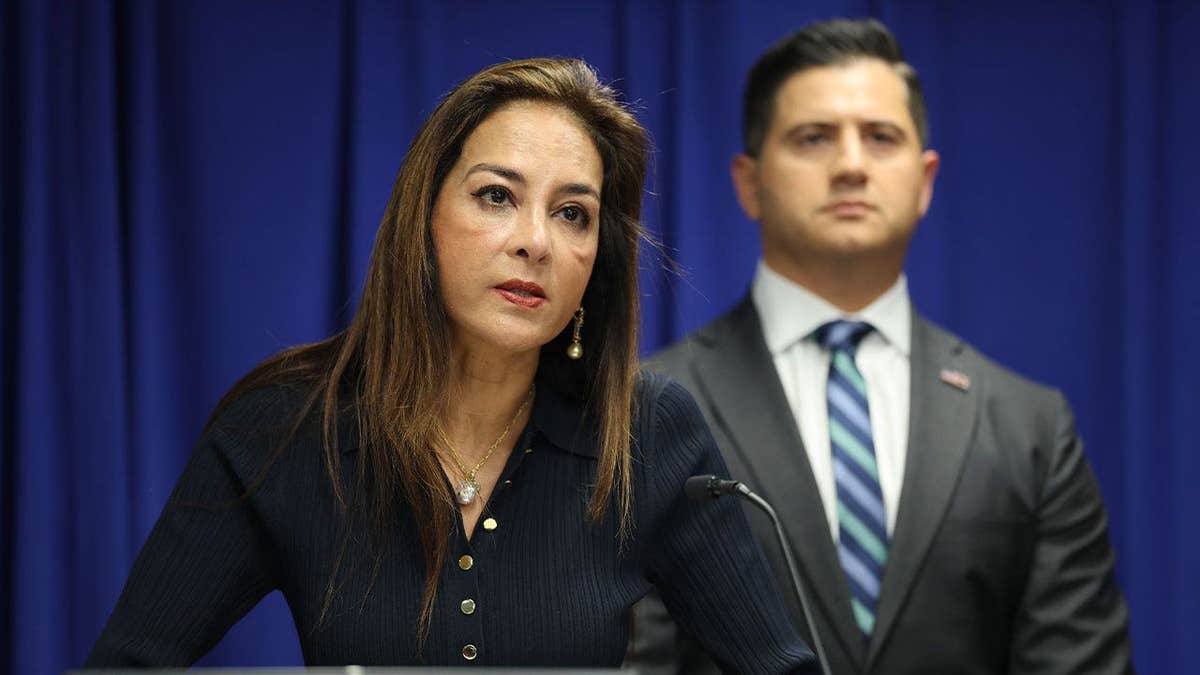 Harmeet Dhillon, assistant attorney general for civil rights, speaks at a Justice Department news conference in Los Angeles