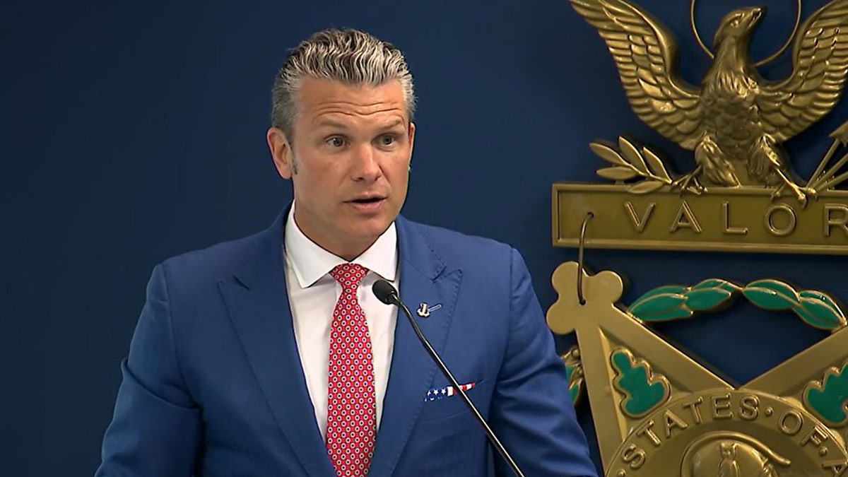 Secretary of War Pete Hegseth speaks Wednesday, Aug, 26, 2026, during a valor upgrade ceremony at the Pentagon's Hall of Heroes in Arlington, Va., for U.S. Marines who served at Abbey Gate.