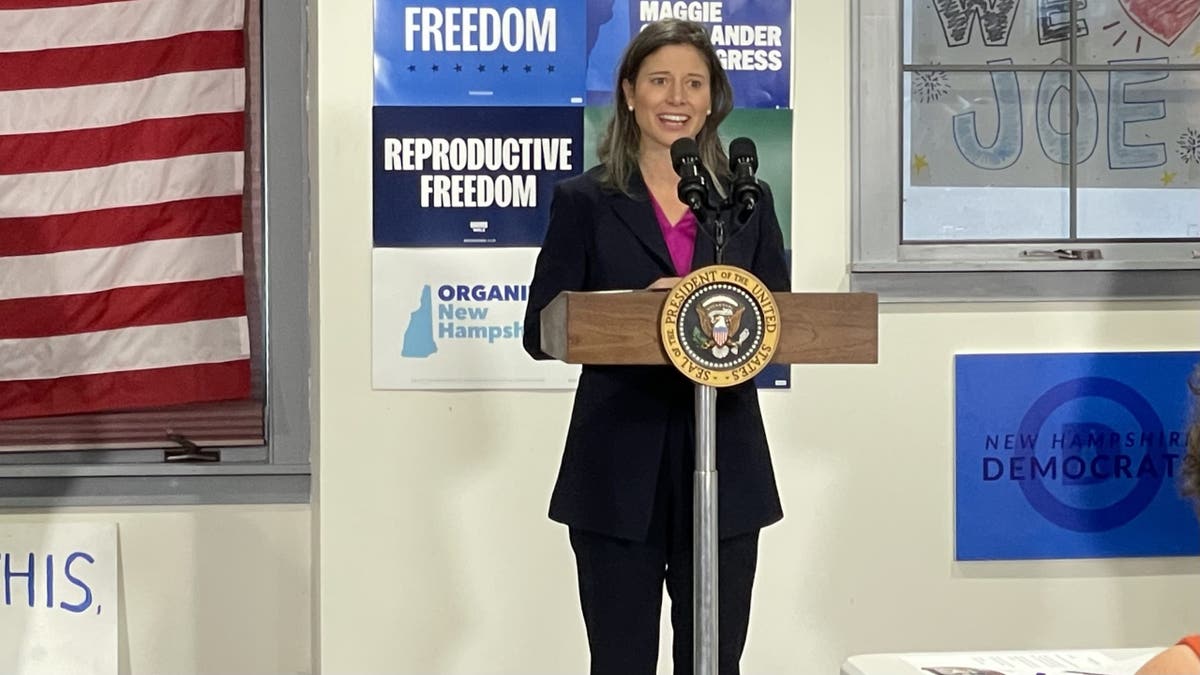 Now-Rep. Maggie Goodlander (D-NH) speaks at a campaign event ahead of then-President Joe Biden, at the New Hampshire Democratic Party headquarters, on Oct. 22, 2024 in Concord, N.H.
