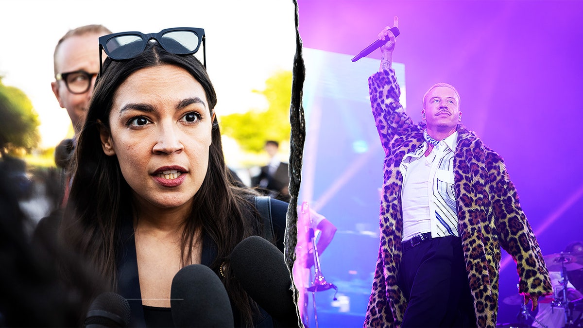 A split image of Rep. Alexandria Ocasio-Cortez on Capitol Hill and Macklemore on stage