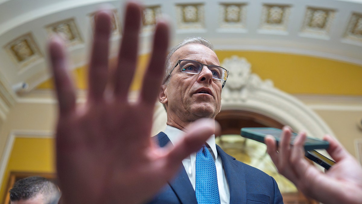 Senate Majority Leader John Thune speaking to reporters at the Capitol.