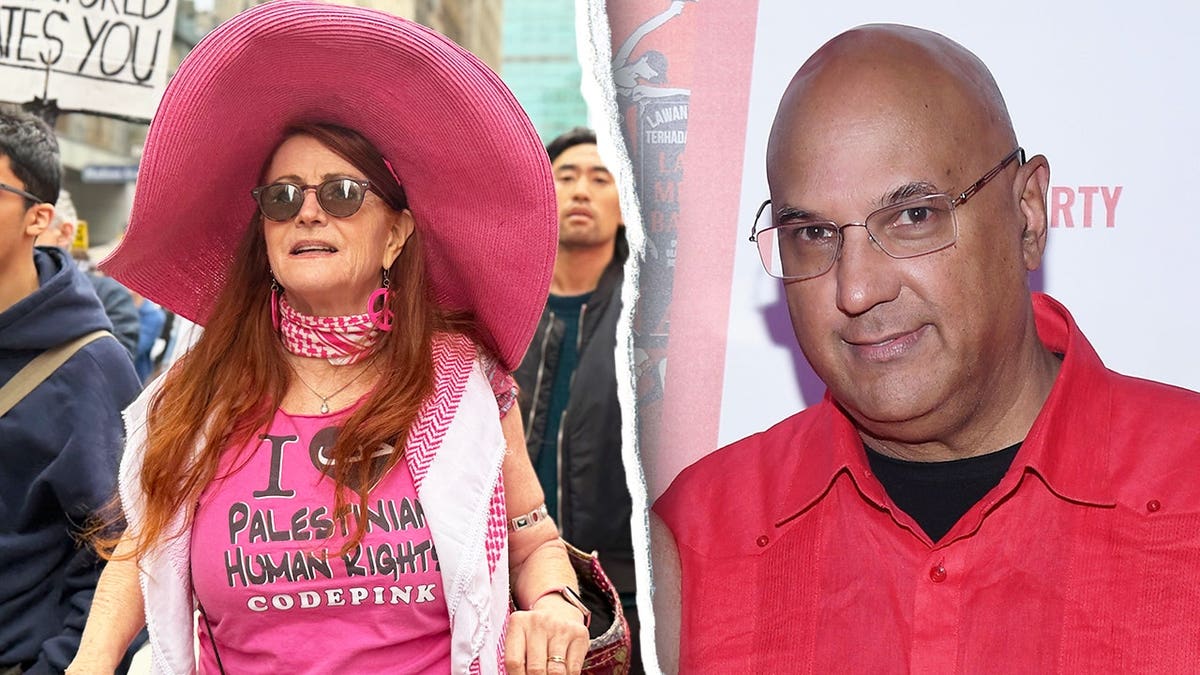 Composite image of Jodie Evans at an anti-Israel protest and Neville Roy Singham.