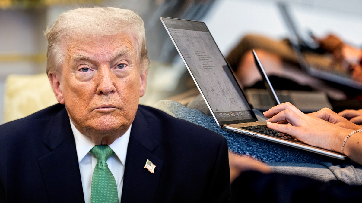 Trump is imposed over a picture of students using laptops.