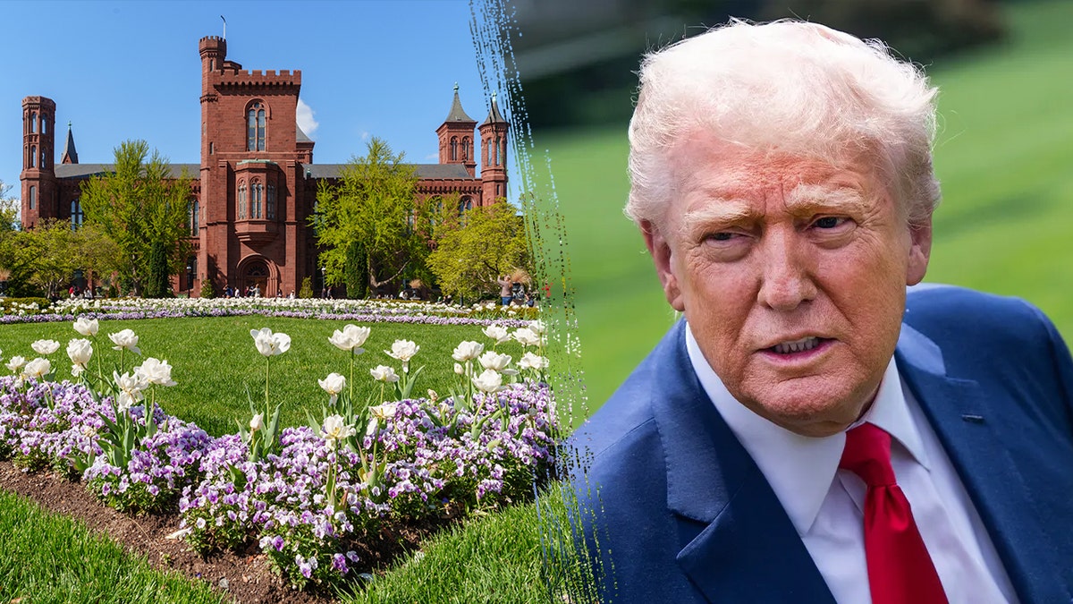 Smithsonian Castle, left, President Trump, right