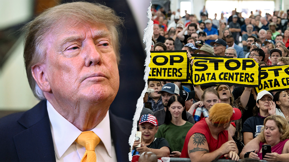 Donald Trump across from data center protesters