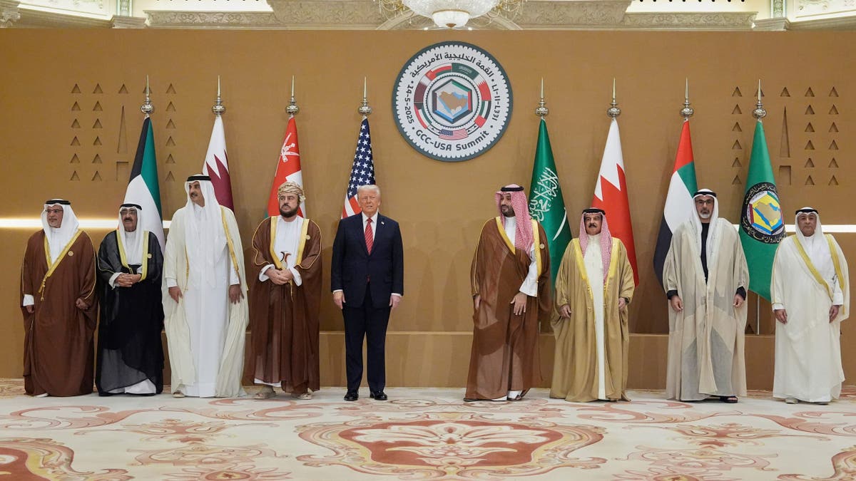 President Donald Trump, fifth left, attends a group photo session with Saudi Crown Prince Mohammed bin Salman, fourth right, with United Arab Emirates Crown Prince Sheikh Khaled bin Mohamed bin Zayed Al Nahyan, second right, Bahrain's Crown Prince and Prime Minister Salman bin Hamad Al Khalifa, left, Qatar's Emir Sheikh Tamim bin Hamad Al Thani, third left, Kuwait's Crown Prince Mishal Al-Ahmad Al-Jaber Al-Sabah, second left, Gulf Cooperation Council Secretary-General Jasem Mohamed Albudaiwi, right, during the GCC Summit in Riyadh, Saudi Arabia, Wednesday, May 14, 2025.