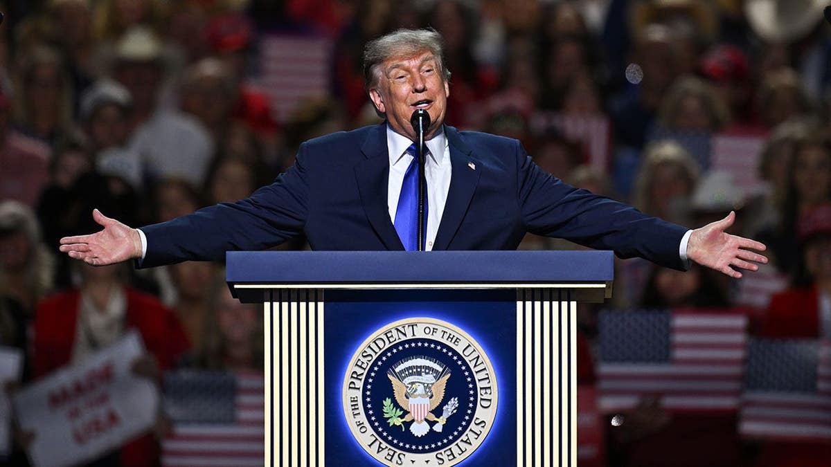 Donald Trump speaks on stage at the Republican National Convention.