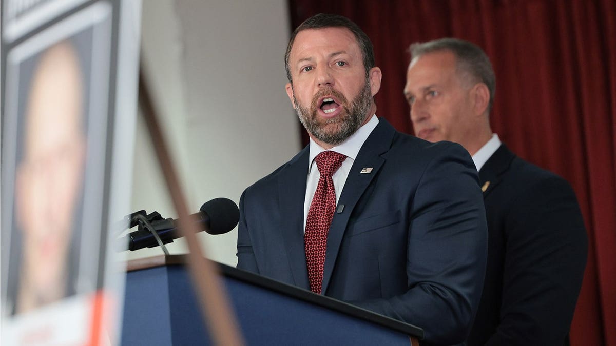 Homeland Security Secretary Markwayne Mullin speaks during a press conference at the U.S. Citizenship and Immigration Services (USCIS) New York field office on Sept. 1, 2026, in New York City, New York.