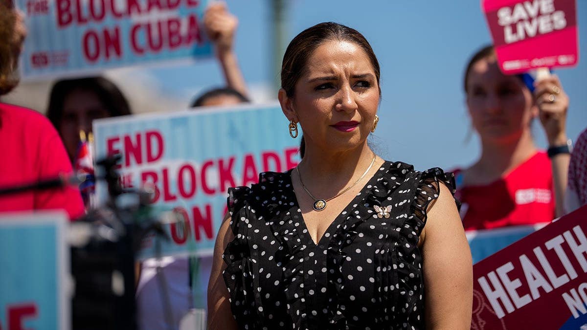 Delia Ramirez attends a press conference on Cuba