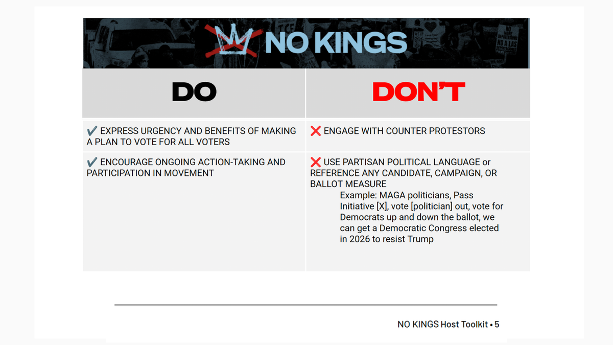 "No Kings" organizers provide a list of "Do" and "Don't warnings for their Oct. 17, 2025, voter event.
