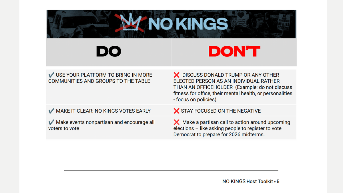 "No Kings" organizers provide a list of "Do" and "Don't warnings for their Oct. 17, 2025, voter event.