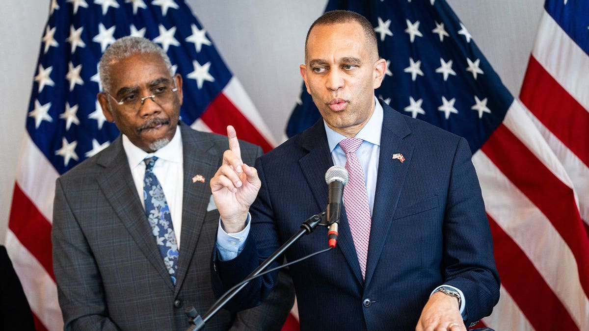 Congressman Gregory W. Meeks, D-N.Y., and House Minority Leader Hakeem Jeffries, D-N.Y., address a press conference during the congressional delegation's visit to Denmark, in Copenhagen on Friday, April 25, 2025