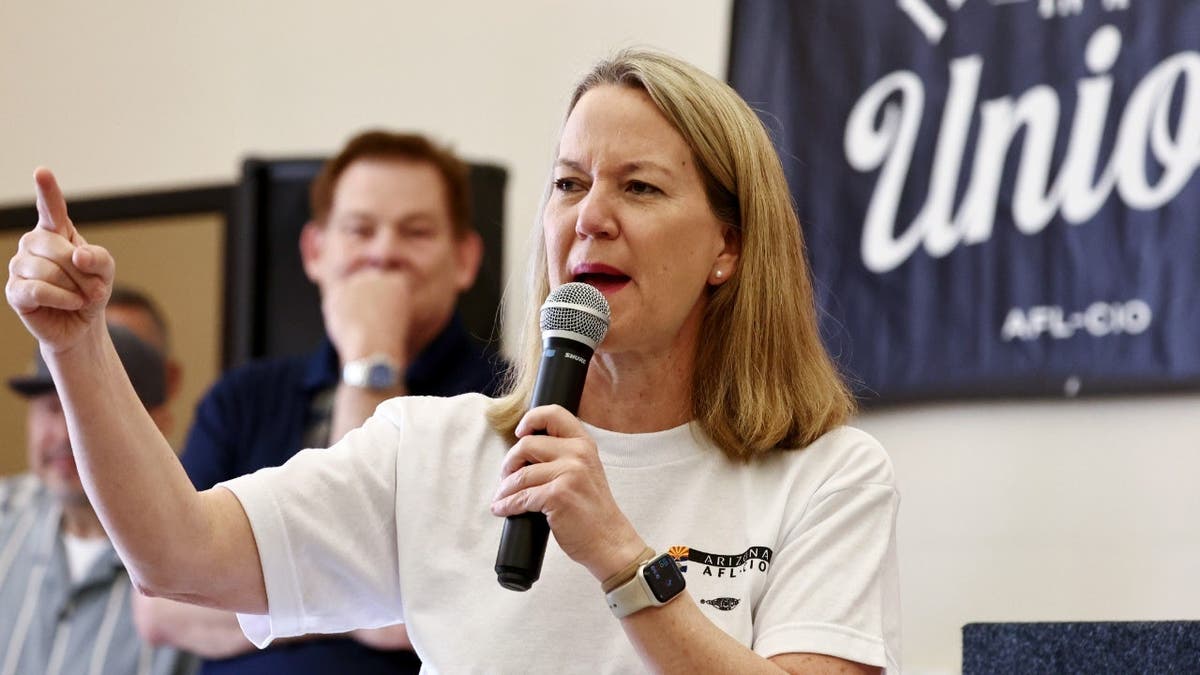 PHOENIX, ARIZONA - NOVEMBER 02: Arizona Attorney General Kris Mayes speaks at an Arizona AFL-CIO GOTV (Get Out the Vote) canvass launch with union members and supporters on November 2, 2024, in Phoenix, Arizona. The event highlighted support for Proposition 139 which would codify ‘the fundamental right to an abortion’ in the swing state of Arizona with three days left until Election Day.