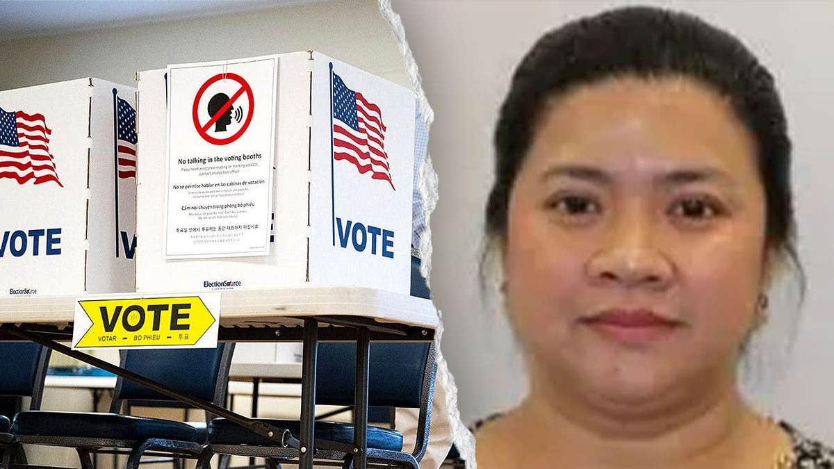 Voting booths alongside a photo of Pennsylvania illegal voting defendant Evelyn Miller