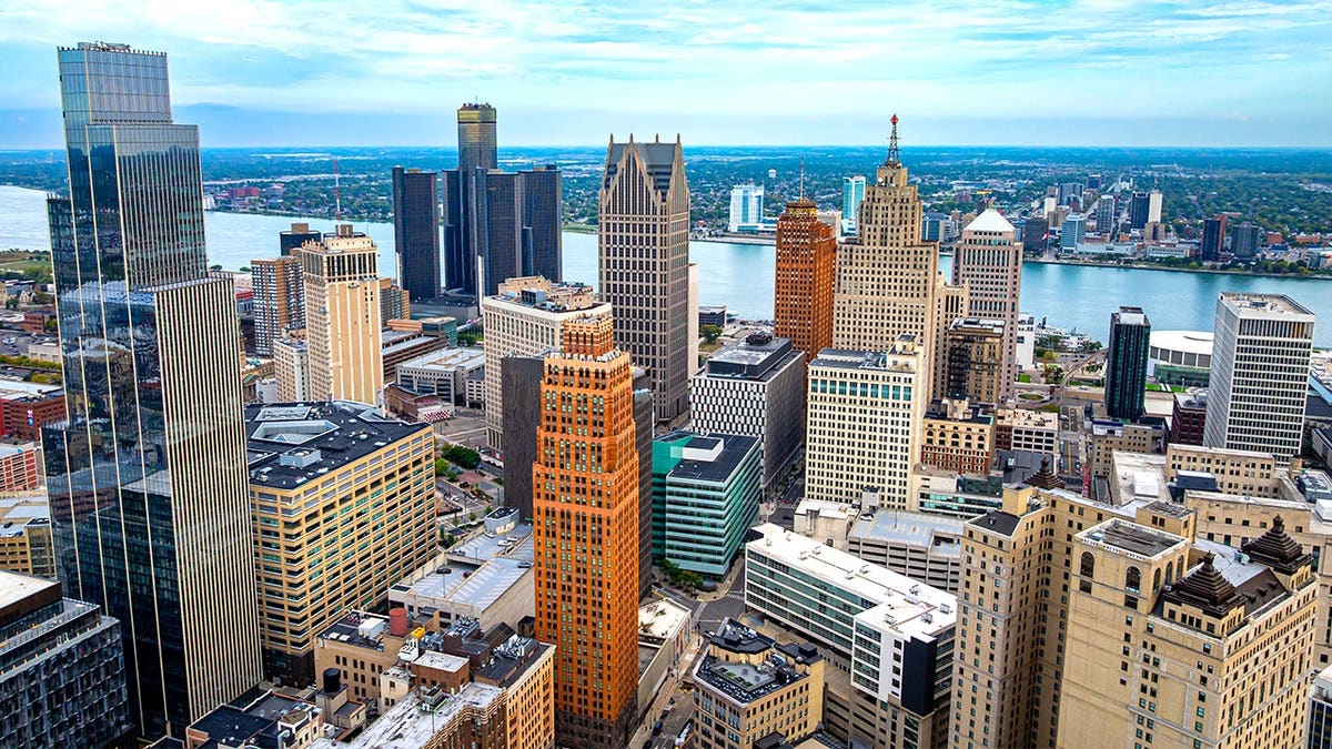 Aerial view of Detroit buildings, skyline