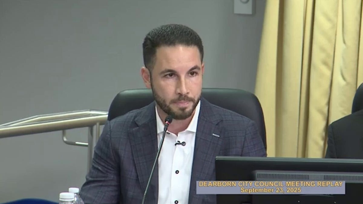 Dearborn Mayor Abdullah Hammoud listens at city council meeting