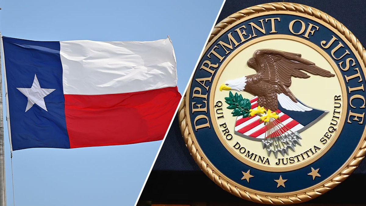 Texas state flag next to Justice Department logo