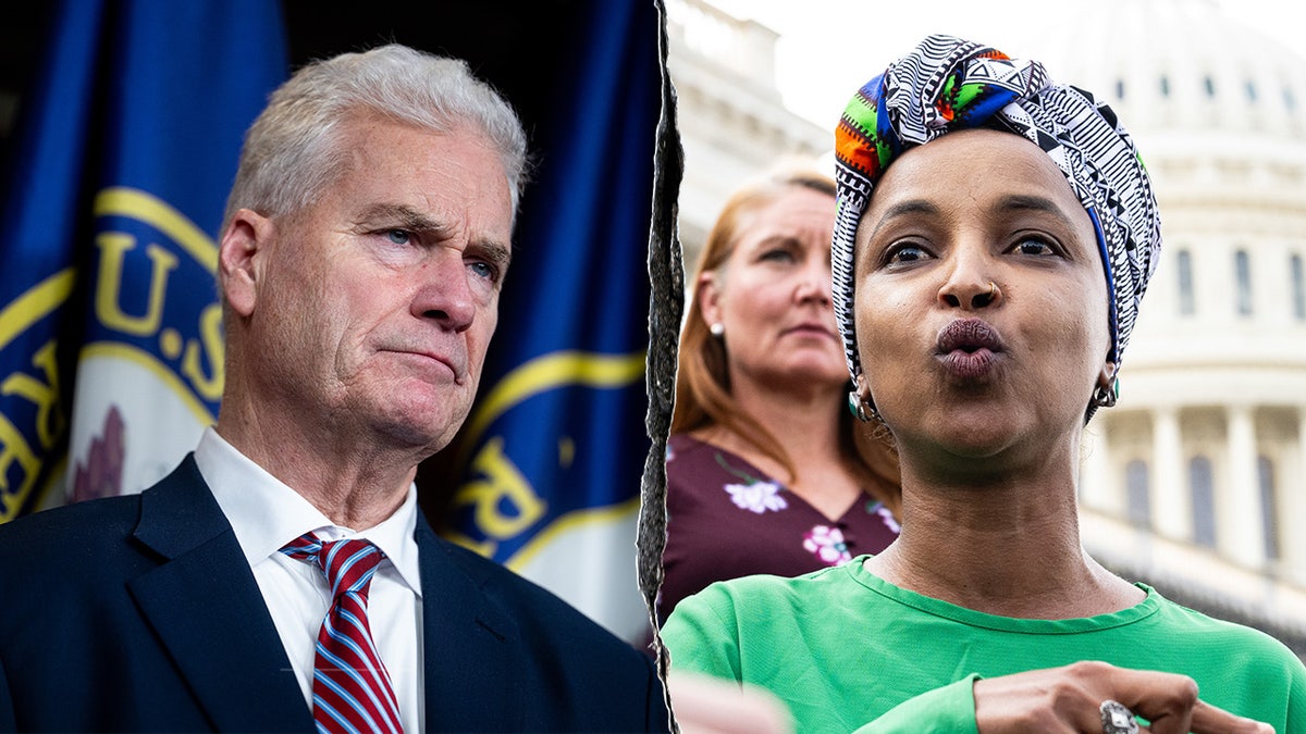 A split image of Reps. Tom Emmer and Ilhan Omar