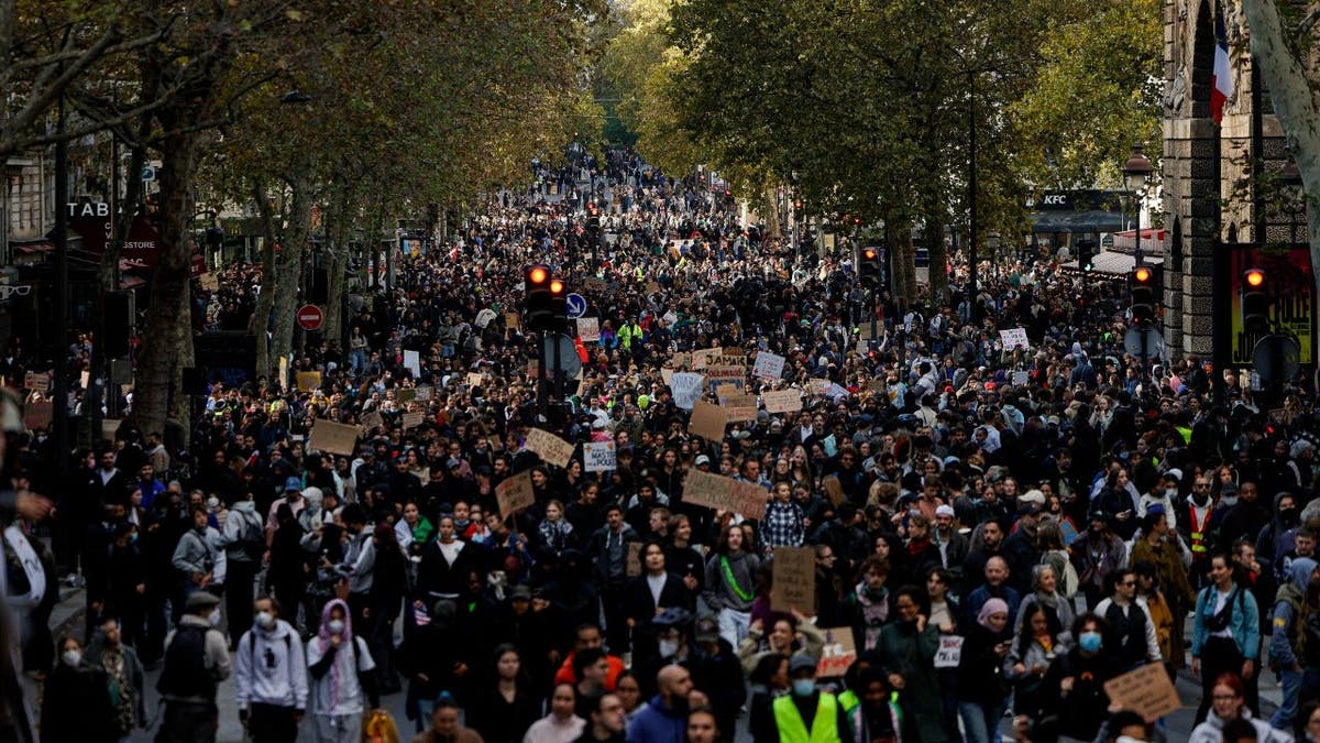 Thousands of protesters march during a demonstration in Paris.