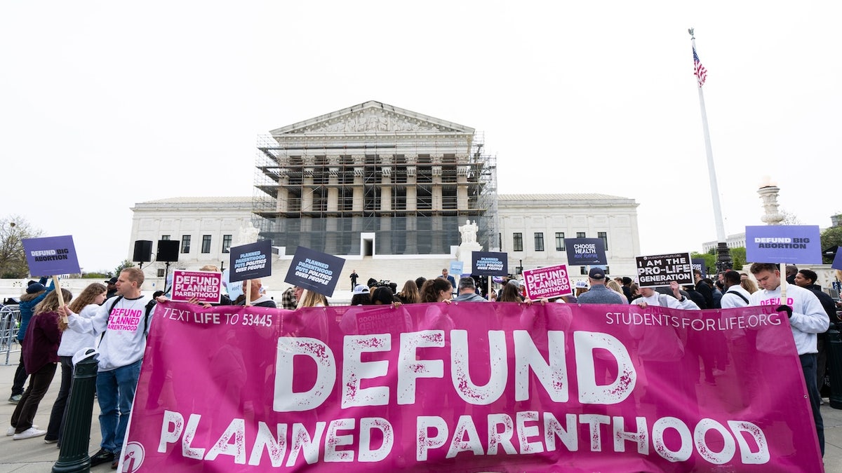 Activists opposing funding for Planned Parenthood demonstrate in front of the U.S. Supreme Court on Wednesday, April 2, 2025. (Bill Clark/CQ/Roll Call, via Getty)