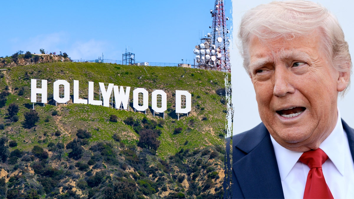 Hollywood sign next to Donald Trump