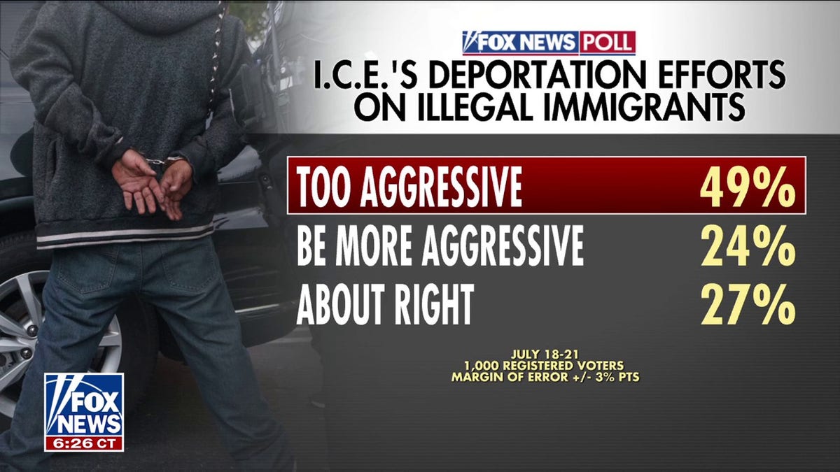This screenshot of a Fox News poll indicates that nearly half of respodnents believe deportation efforts are too aggressive
