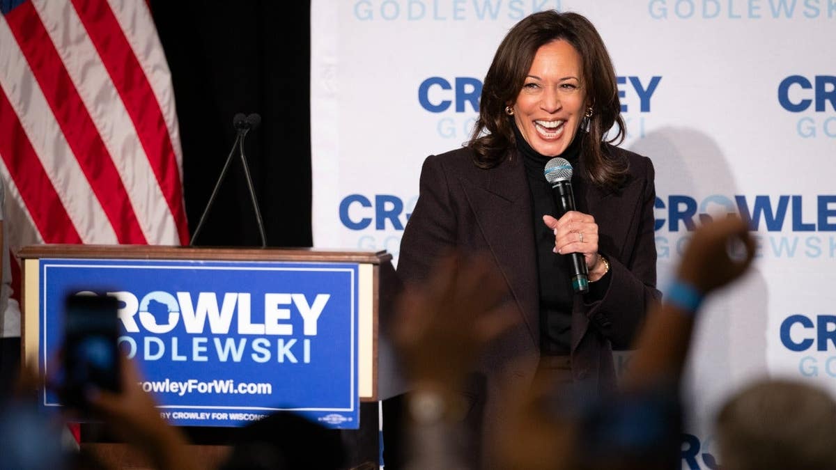 Kamala Harris speaks during an event for David Crowley.