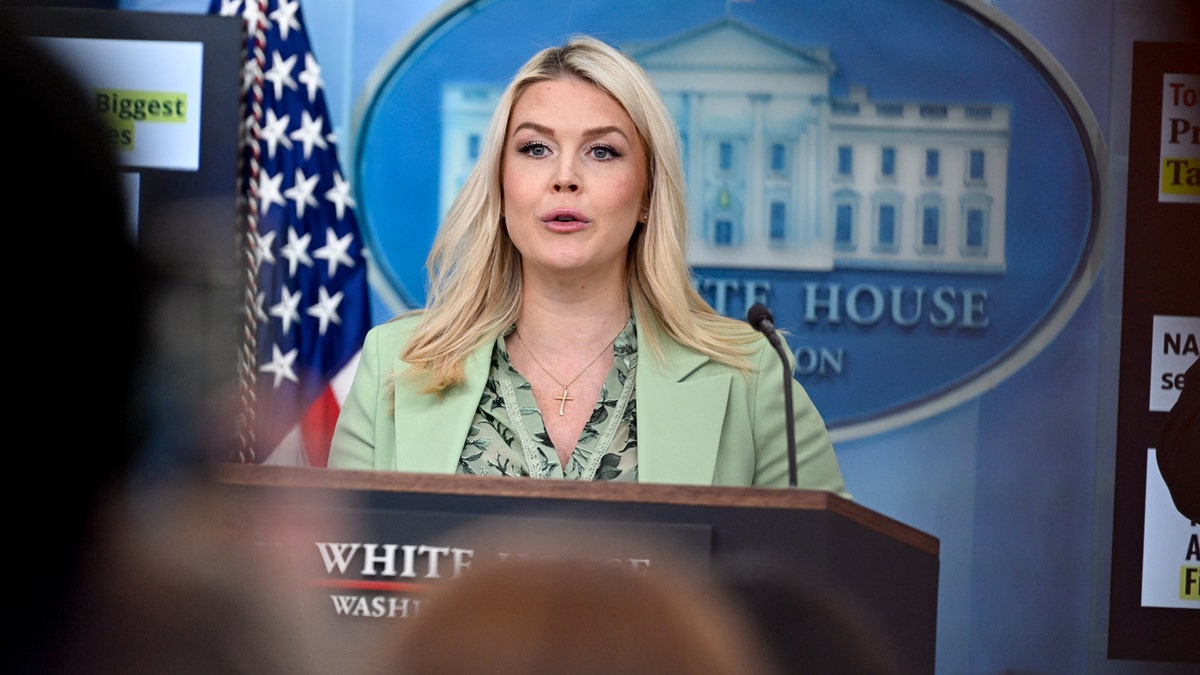 Karoline Leavitt serious in briefing room