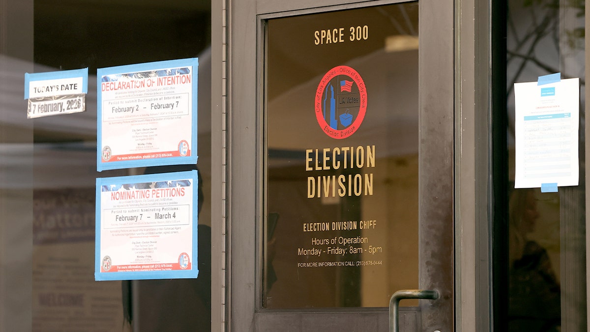 Closed entrance to a county elections office inside a municipal technical center.
