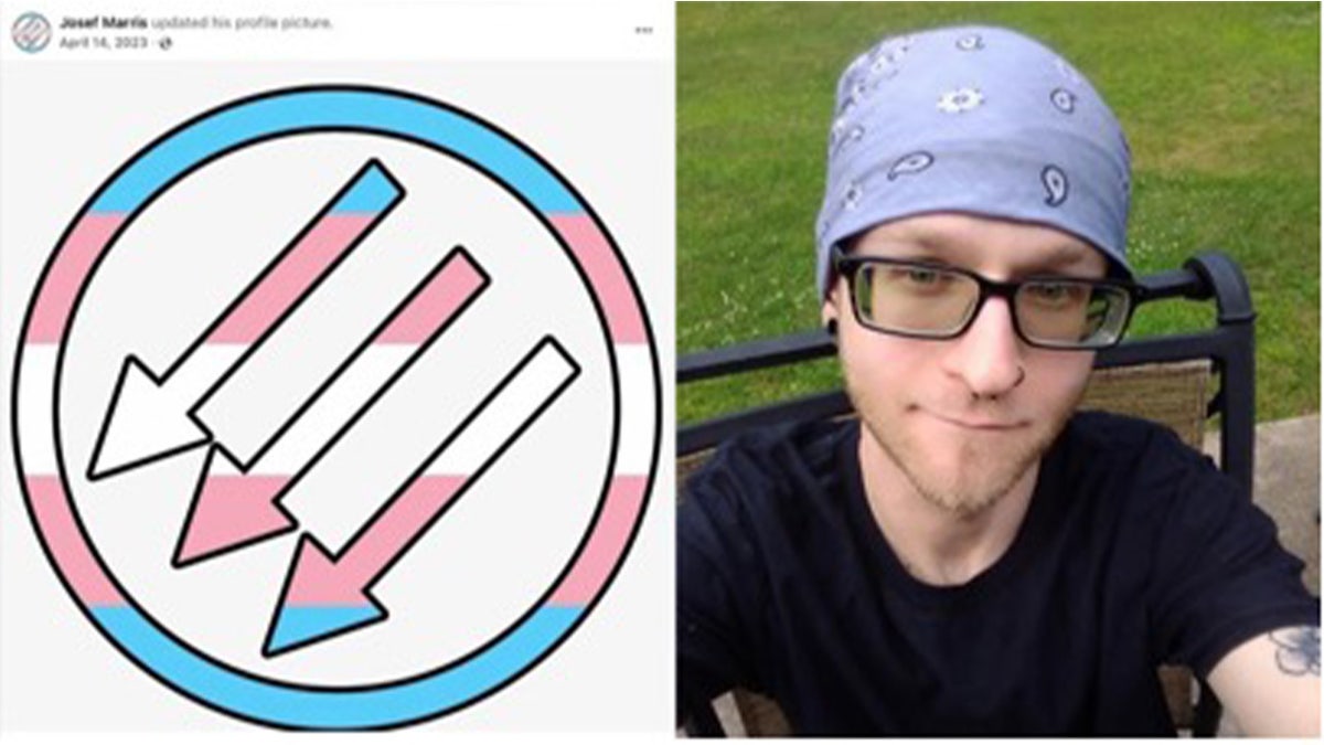 Josef Marris and the three arrows signed covered in the colors of the transgender flag.