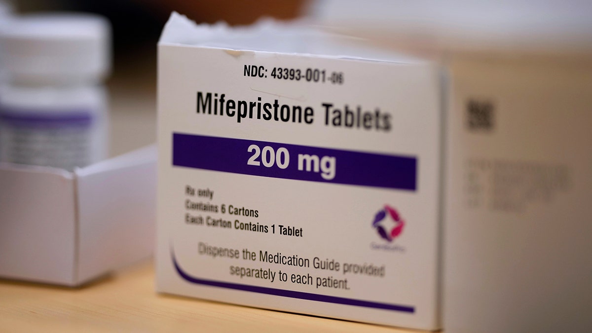 Closeup of a mifepristone tablets box