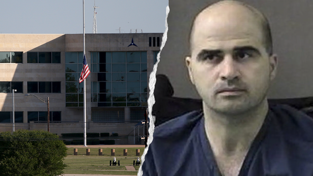 Nidal Hasan in court juxtaposed against a flag at half staff at Fort Hood
