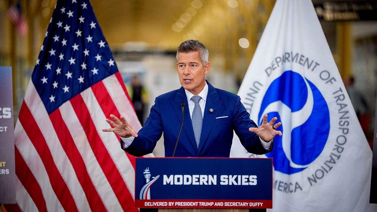 Sean Duffy speaks at Ronald Reagan Washington National Airport during a news conference.