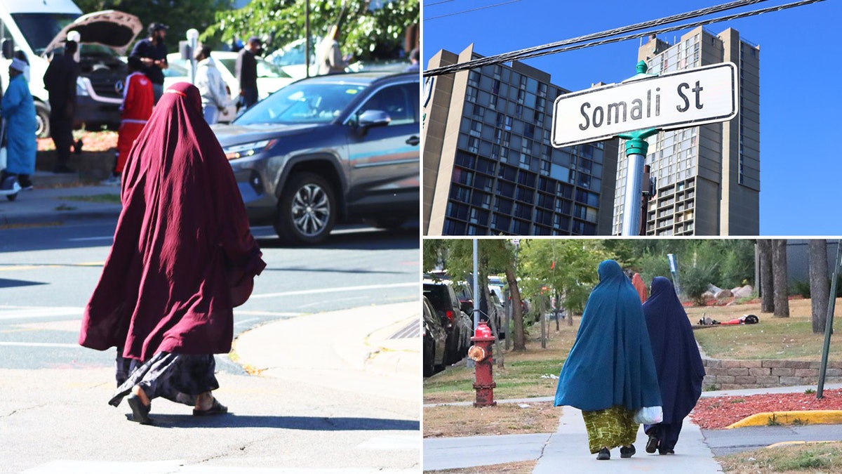 Somali residents walking in Cedar-Riverside with a Somali Street sign and Riverside Plaza in the background.