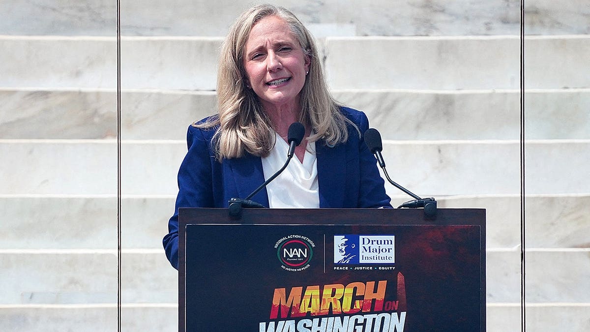 Virginia Gov. Abigail Spanberger speaks during a rally at the Lincoln Memorial in Washington, D.C.