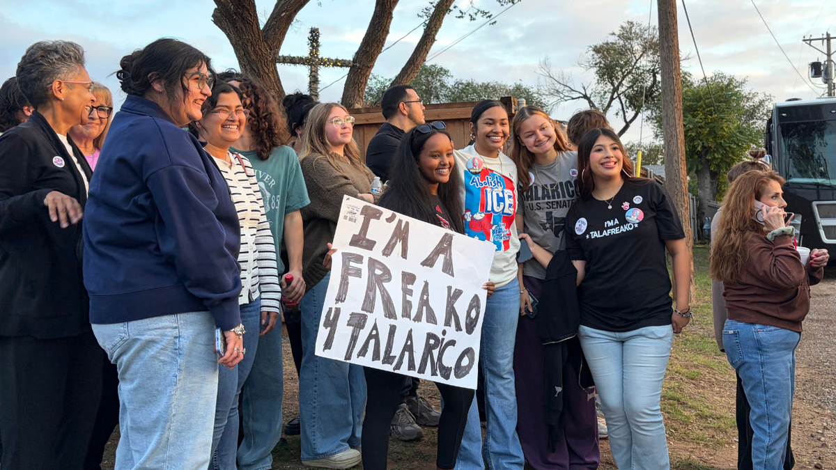 Attendees gather outside a James Talarico rally in Lubbock, Texas.